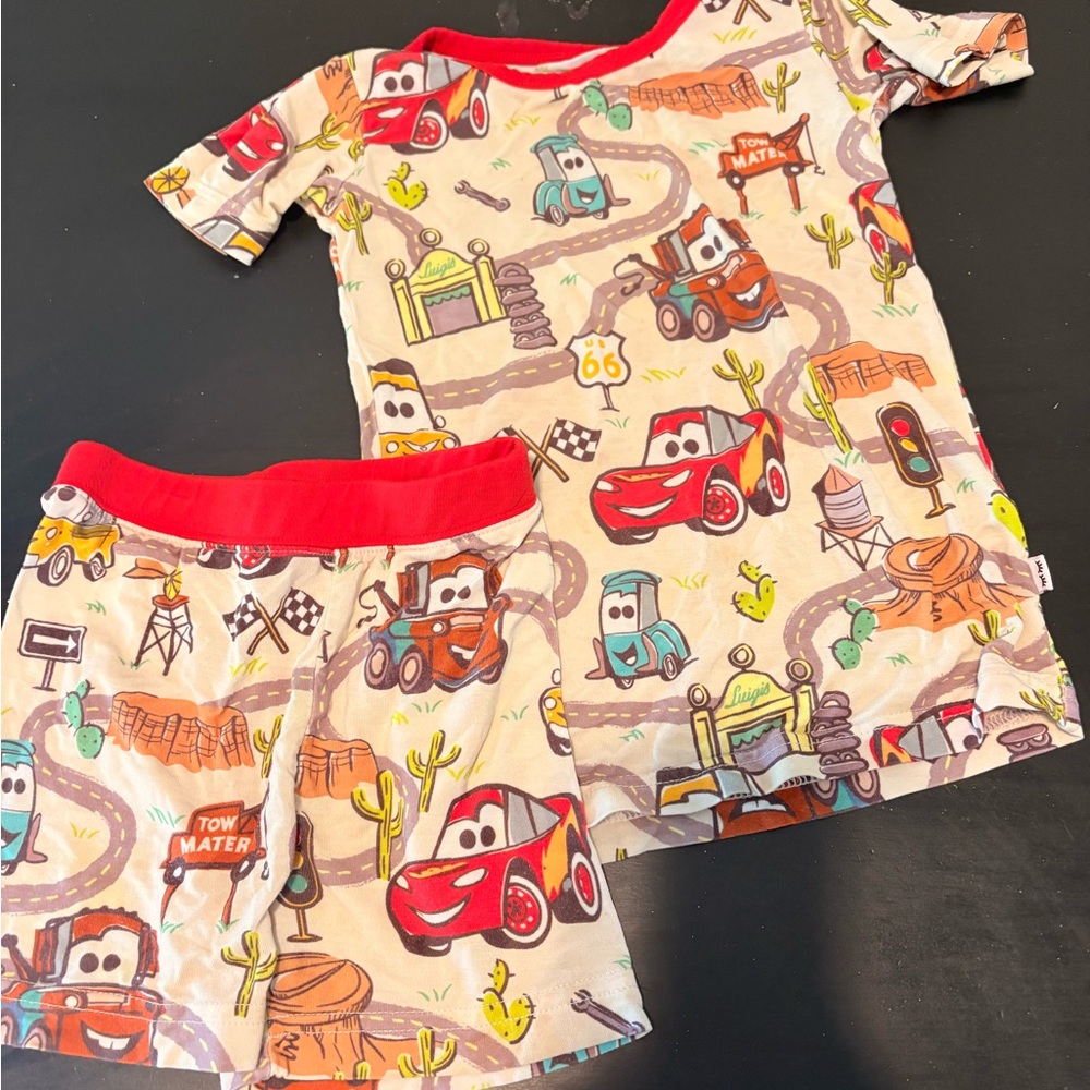Little Sleepies Beige and Red Cars Short Sleeve Pajama Set